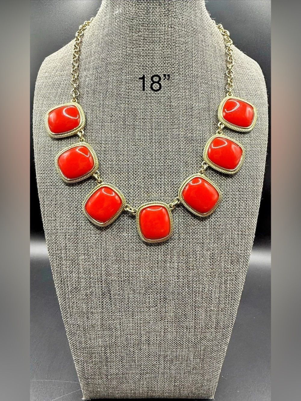 Monet Gold Tone Coral Red Cushion Cabochon Statement Collar Necklace